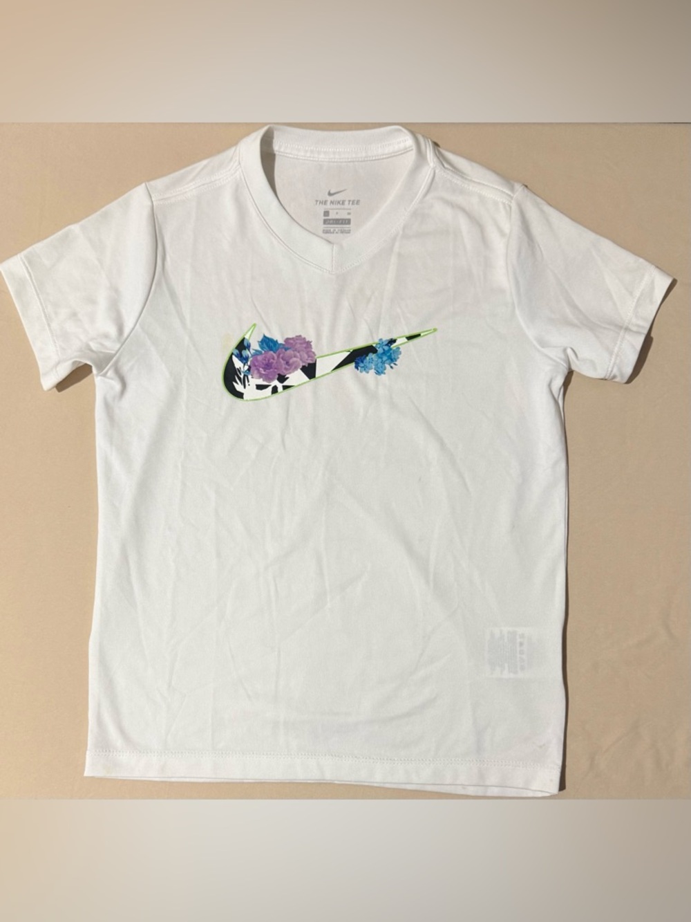 Girl's Nike White Tee with Purple & Blue Floral Swoosh